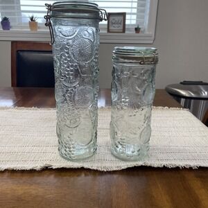 VTG Embossed Fruit Glass Canisters With Wire Bale Hermetic Lids Set Of 2 Clear